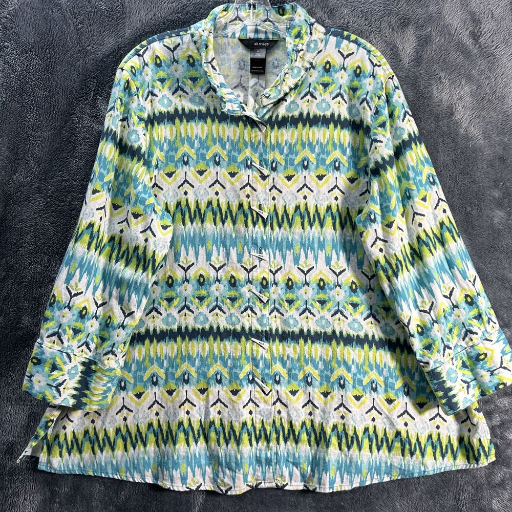 Ali Miles Womens Size XL White Green Linen Button Up Blouse Top (M9)
